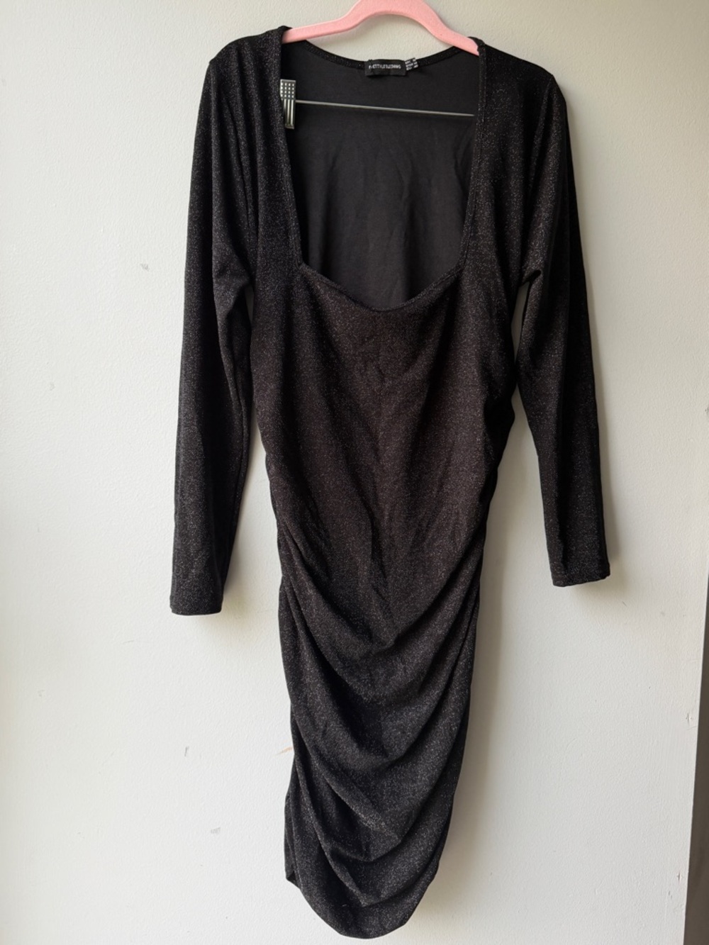 PrettyLittleThing Black Silver Sparkle Ruched Long Sleeve Dress Size 14